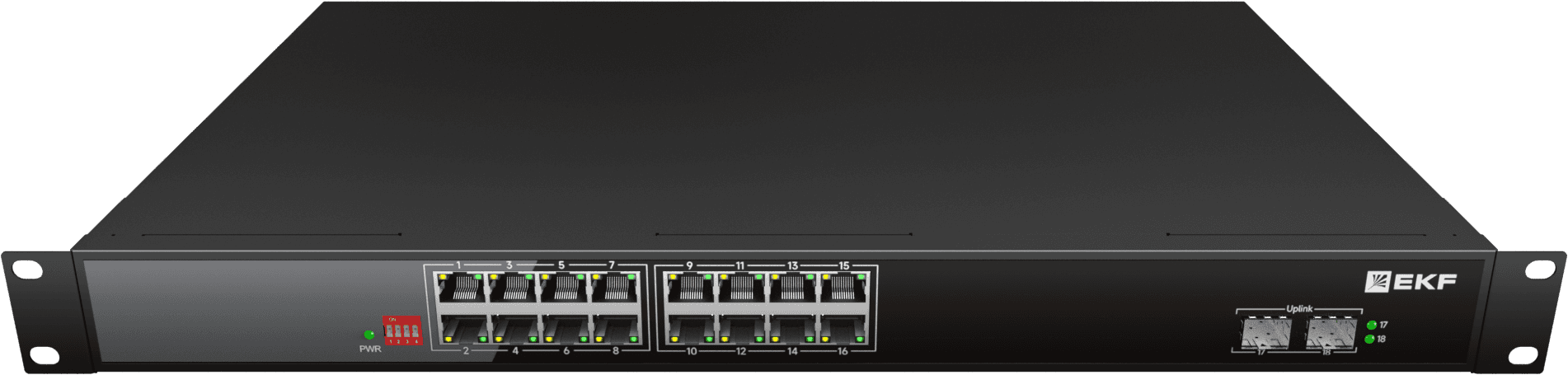 EKF Промышленный неуправляемый коммутатор U-2GX/SFP-16GTP-R, 2 порта 1000Base-X SFP, 16 портов 10/100/1000Base-T(X) RJ45 c PoE, монтаж в 19" стойку TS