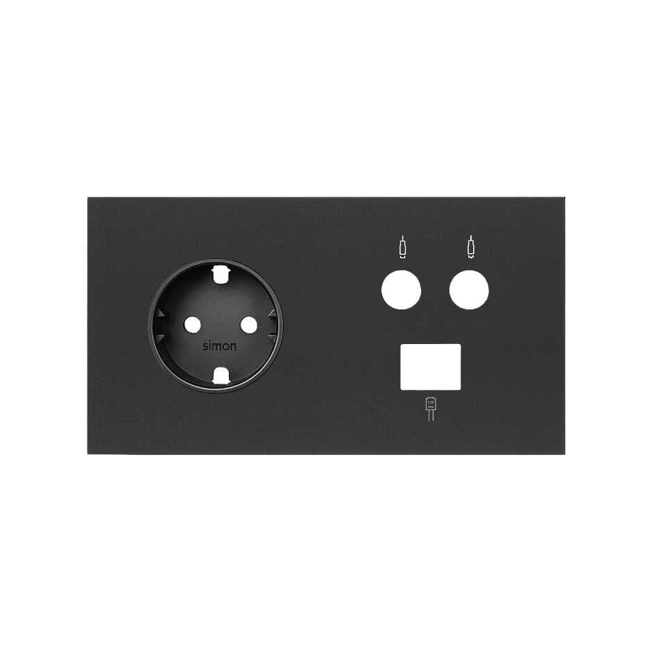Simon 100 Черный матовый Кит 2 поста, фронт. Накладка на 1 розетку Schuko + 1 розетку TV + 1 розетку RJ45 10020208-238