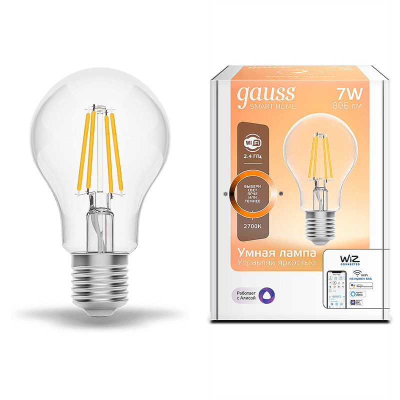 Gauss Лампа Smart Home Filament А60 7W 806lm 2700К E27 диммируемая LED 1200112