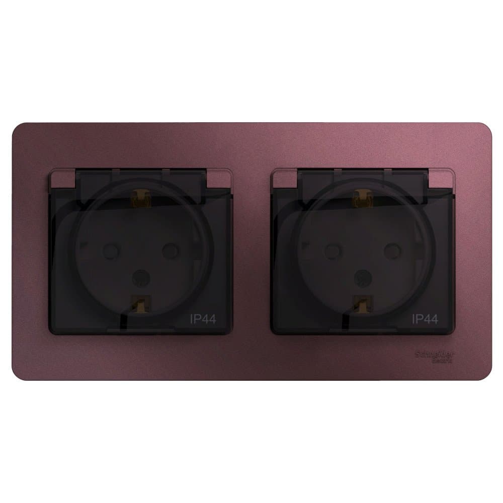 Systeme Electric Glossa Баклажановый Розетка 2-ая с/з, со шторками, в сборе, IP44 — миниатюра 2