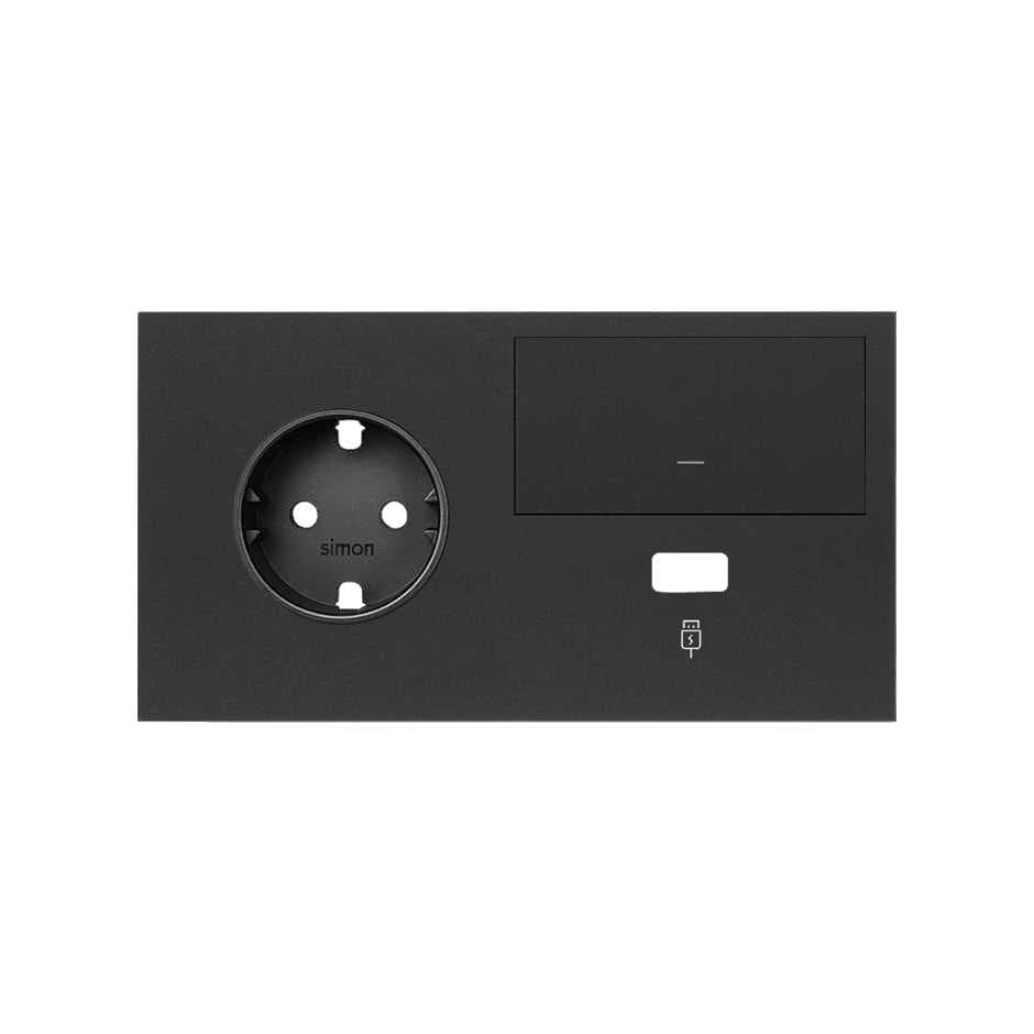 Simon 100 Черный матовый Кит 2 поста, фронт. Накладка на 1 розетку Schuko (слева) + 1 з/у USB SC + 1 клавиша выключателя 10020207-238