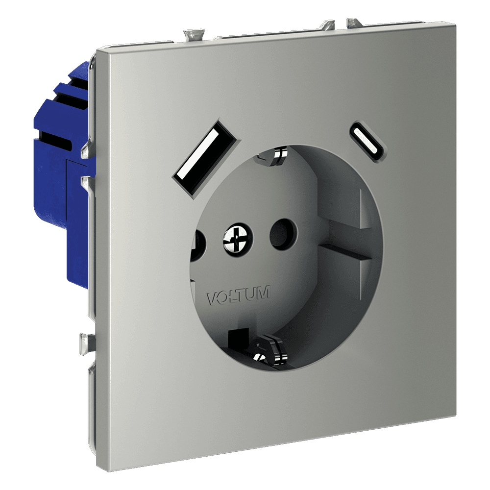 Voltum S70 Сталь Розетка с/з со шторками с USB A+С