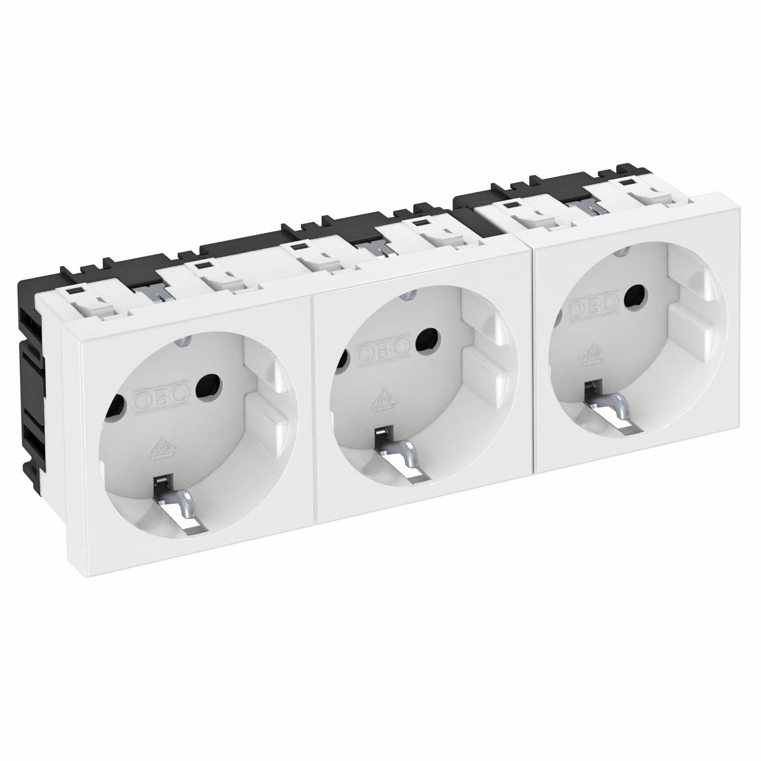 OBO Bettermann Розетка силовая 0° тройная 3х2К+З, 3 модуля Modul45, 45х135 мм, со шторками, 16А 250В белая 6120042
