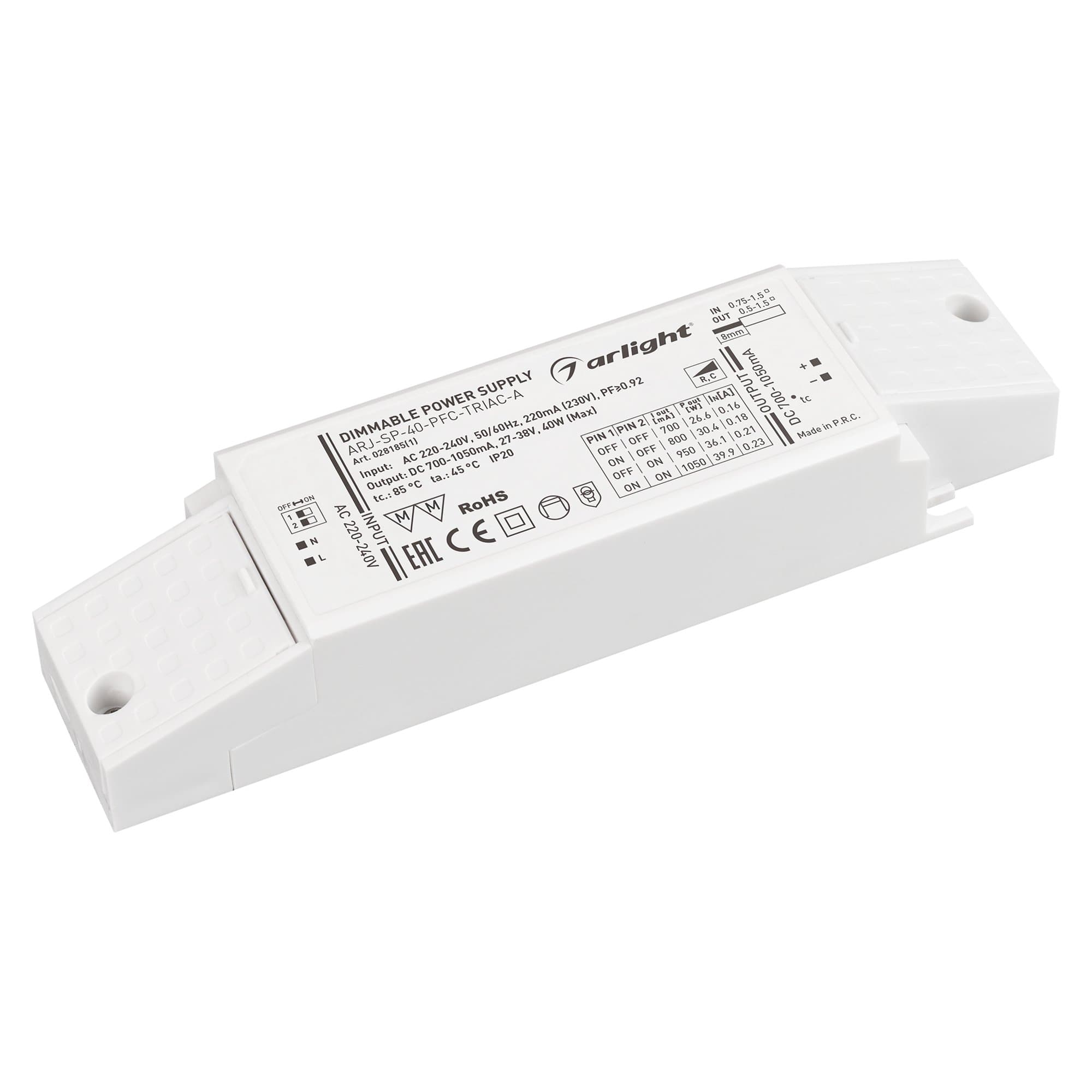 Arlight Блок питания ARJ-SP-40-PFC-TRIAC-INS (40W, 27-38V, 0.7-1.05A) (IP20 Пластик, 5 лет) 028185(1) — миниатюра 1