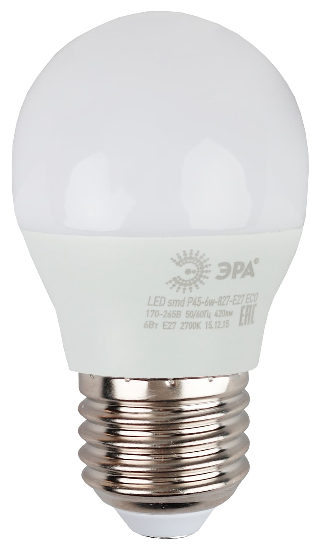 ЭРА ECO LED P45-6W-827-E27 Лампа (диод, шар, 6Вт, тепл, E27)