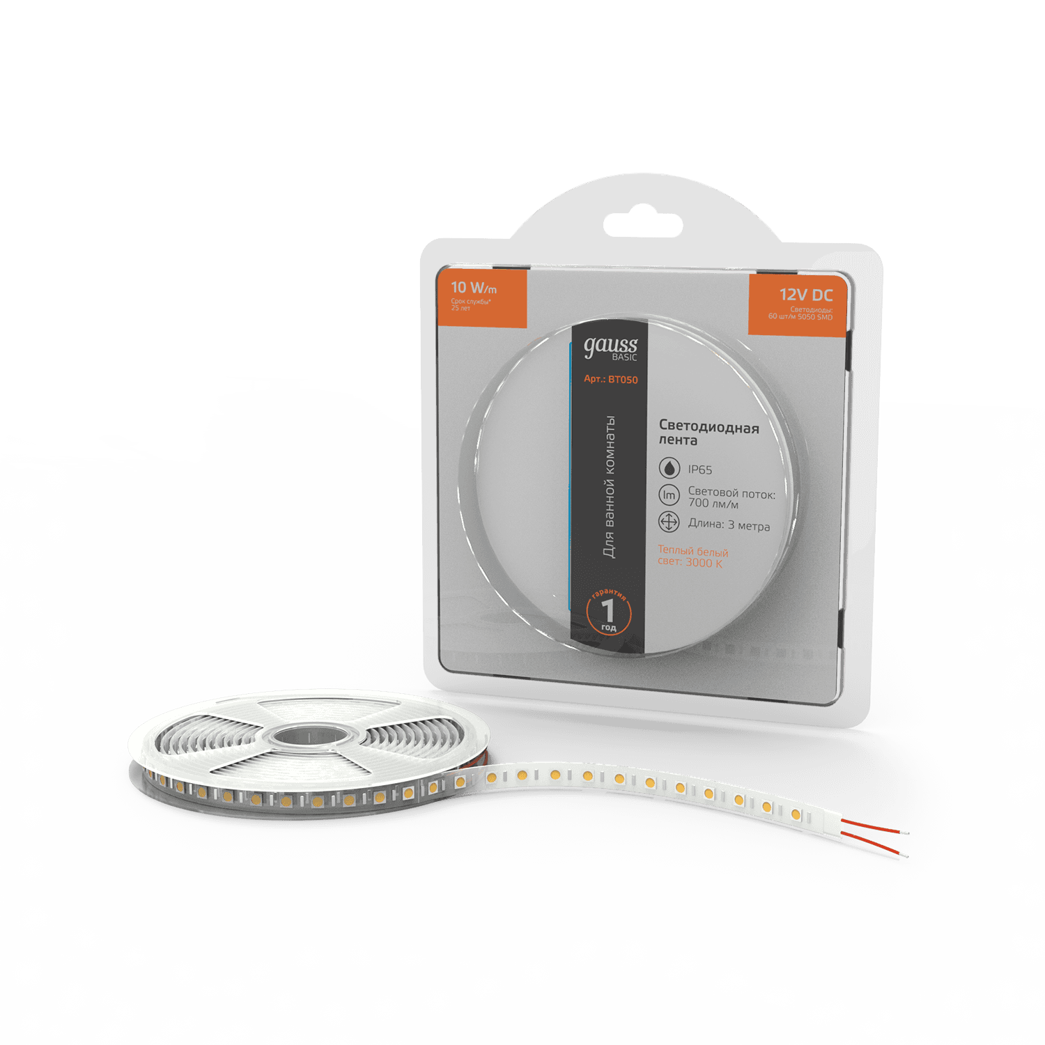 Gauss Лента Basic 12V 10W/m 700lm/m 3000K IP65 LED 3m 1/100 BT050 — миниатюра 8