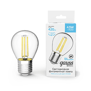 Gauss Лампа Basic Filament Шар 4,5W 420lm 4100К Е27 LED 1051215