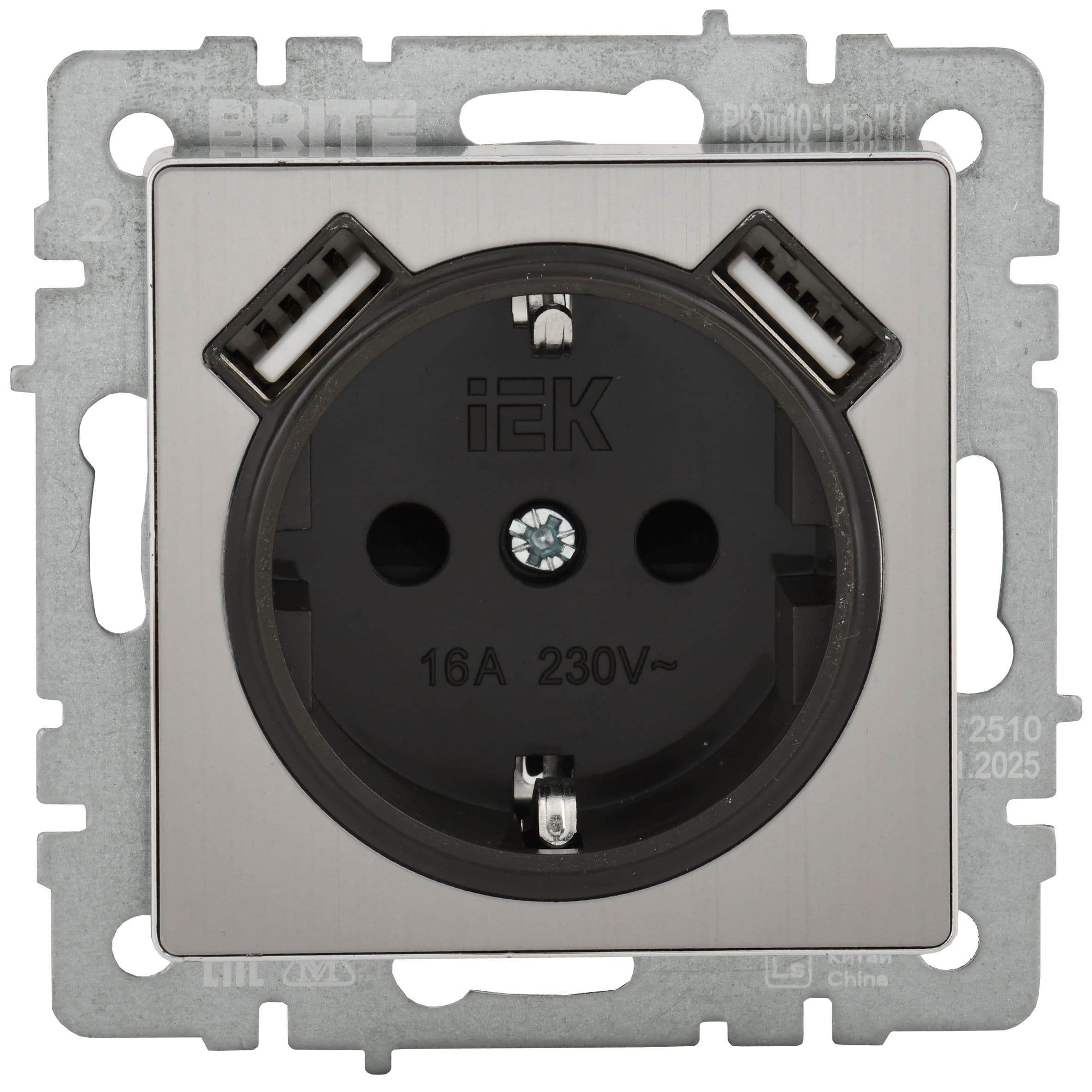 IEK BRITE Металл Хром/никель Роз. с з/к/ш 16А USB A+A 2,1А РЮш10-1-БрГН — миниатюра 2