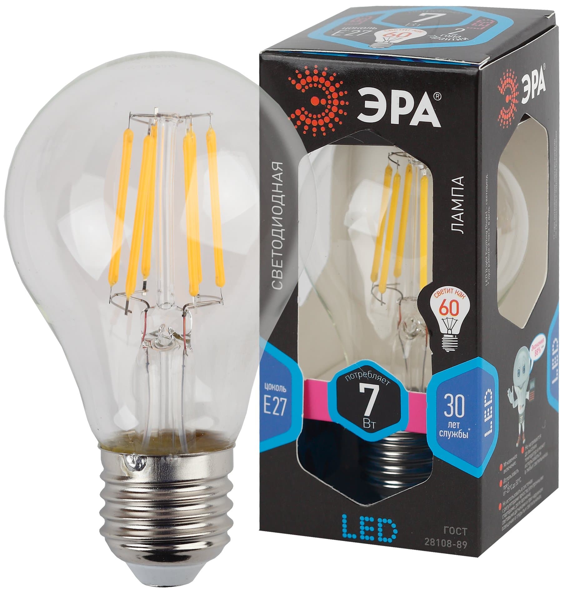 ЭРА F-LED A60-7W-840-E27 (филамент, груша, 7Вт, нейтр., Е27)