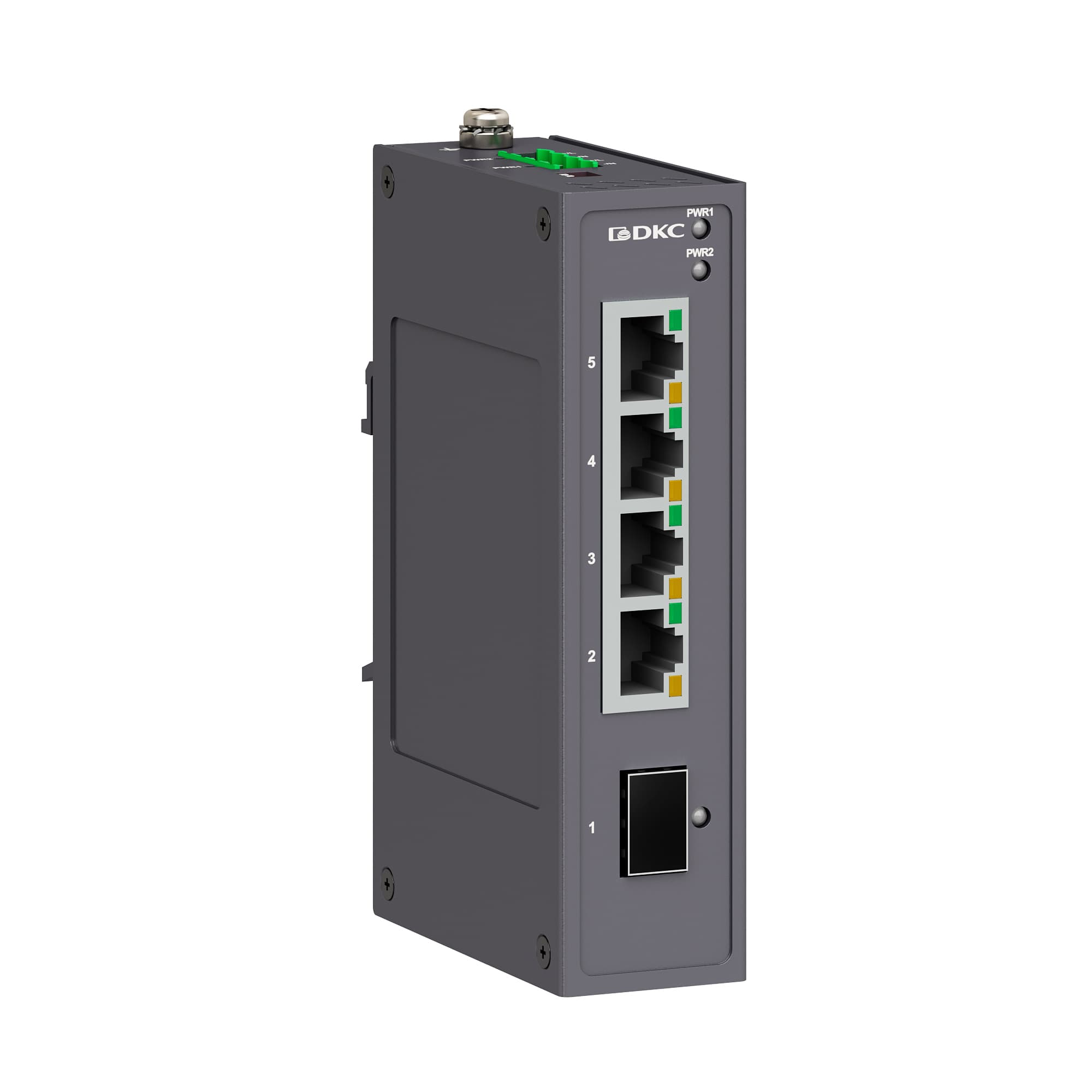 DKC Промышленный неуправляемый коммутатор, 1×100Base-X, SFP слот: 4× 10/100Base-T(X) портов RJ45, 12-48В DC/18-30В AC, с резервированием