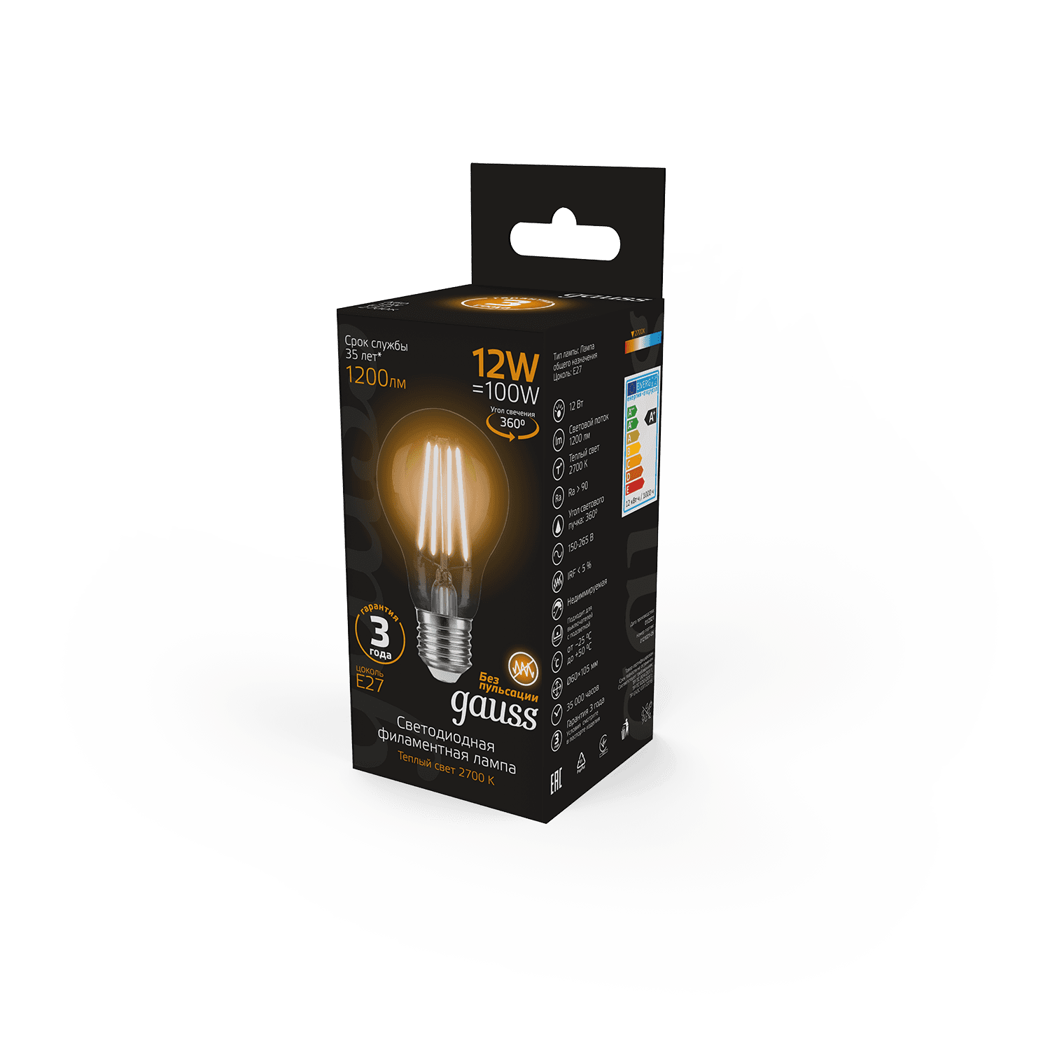 Gauss Лампа Filament А60 12W 1200lm 2700К Е27 LED 102902112 — миниатюра 4