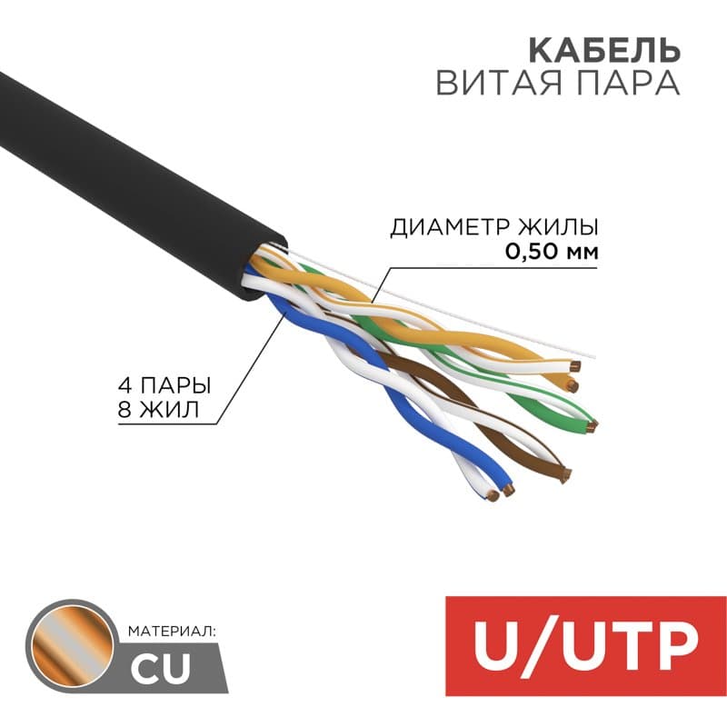 Кабель витая пара U/UTP, категория 5e, ZH нг(А)-HF, 4PR, 24AWG, внешний, черный, 305 м Rexant 01-0065