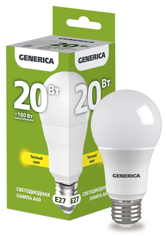 IEK GENERICA Лампа LED A60 груша 20Вт 230В 3000К E27 LL-A60-20-230-30-E27-G