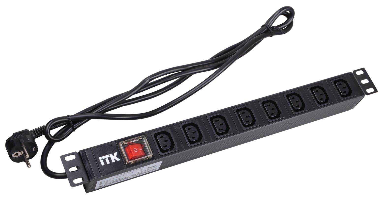 IEK ITK PDU Блок: 8 розеток C13 с LED выкл.,1U, шнур 2м, вилка, немецкий стандарт PH12-8C131 — миниатюра 1