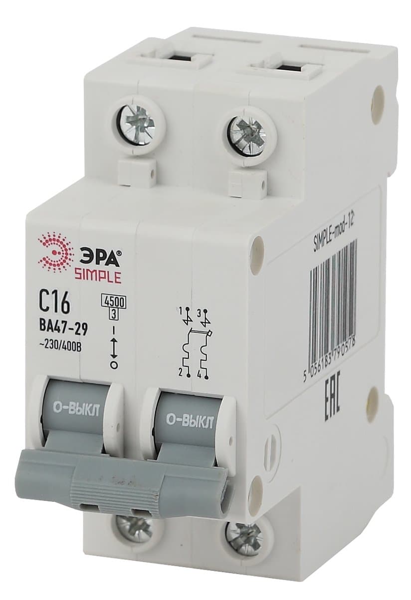 ЭРА SIMPLE-mod-12 SIMPLE Автоматический выключатель 2P 16А (C) 4,5кА ВА 47-29