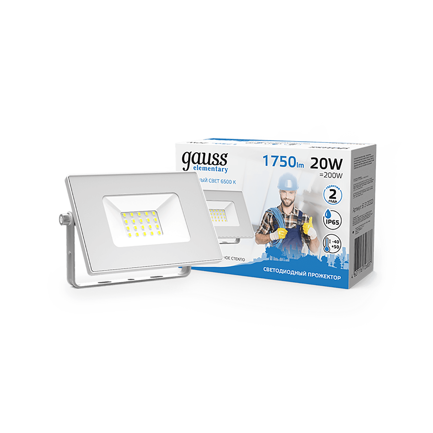 Gauss Прожектор Elementary 20W 1750lm 6500K 200-240V IP65 белый LED 613120320 — миниатюра 2