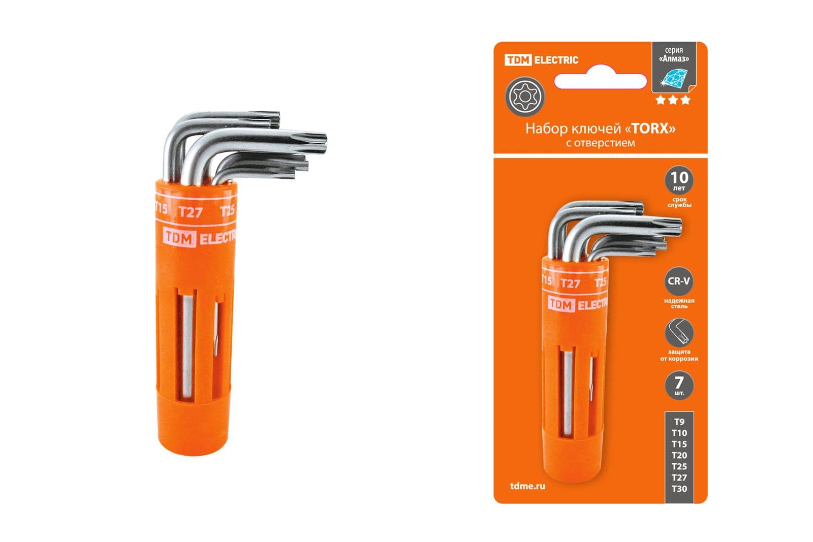 TDM Набор ключей "TORX" с отверстием 7 шт: T9-T30 (круглый держатель в блистере), CR-V сталь "Алмаз" SQ1021-0101