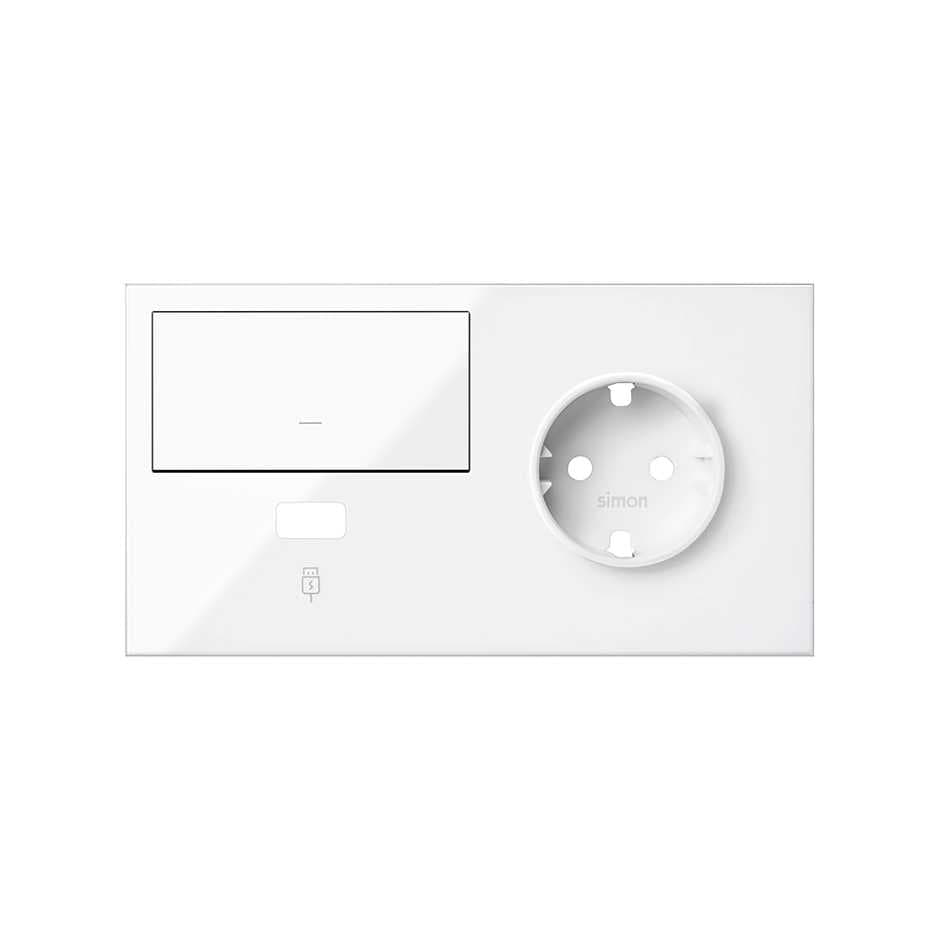 Simon 100 Белый глянец Кит 2 поста, фронт. Накладка на 1 розетку Schuko (справа) + 1 з/у USB SC + 1 клавиша выключателя 10020206-130