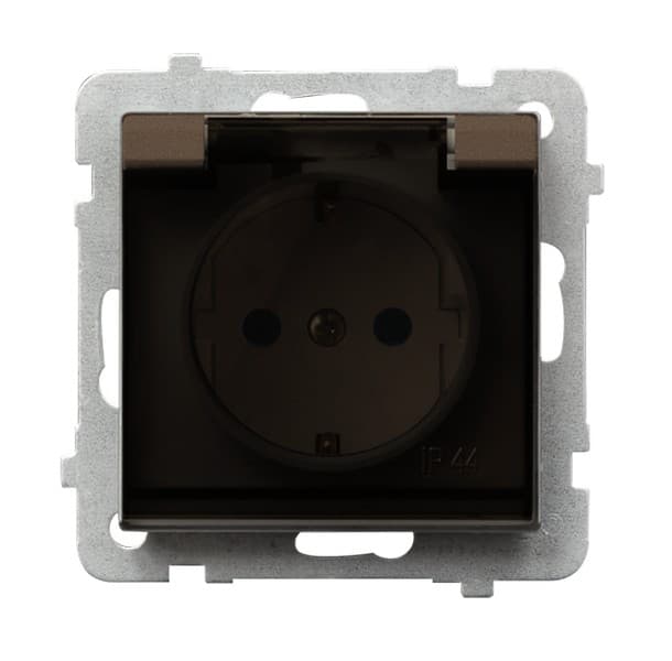 Ospel Sonata Шоколадный металлик Розетка 1-ая с/з IP44 с крышкой  Schuko, без рамки GPH-1RS/m/40/d