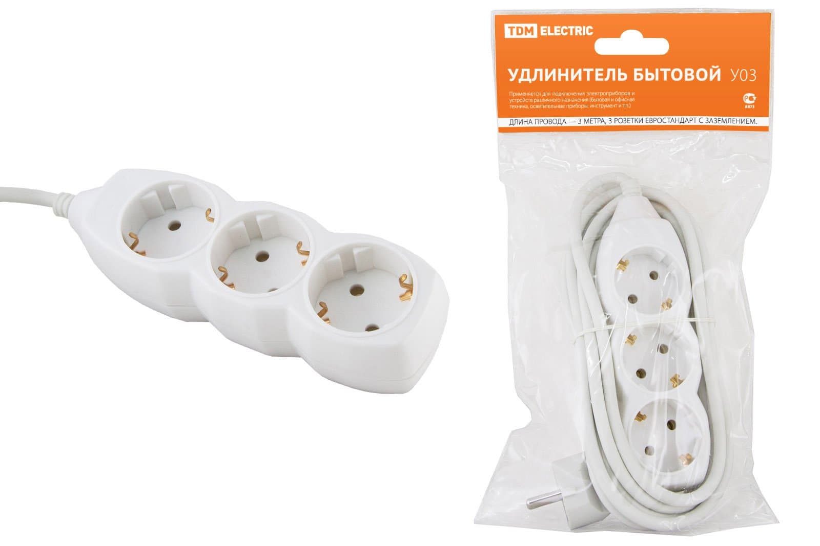 TDM Удлинитель  бытовой У03  3 гнезда, 3метра, с заземлением, ПВС 3х1мм2  16А/250В SQ1303-0001
