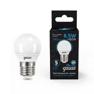 Gauss Лампа Шар 6.5W 550lm 6500K E27 LED 1/10/100 105102307