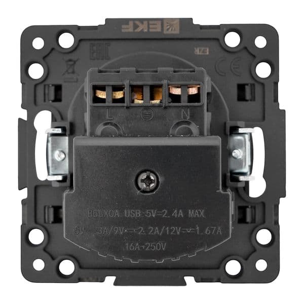 EKF Стокгольм Механизм Розетки 1-местной с/з, USB 2A 16А винтовые клеммы черный с защ. штор — миниатюра 4