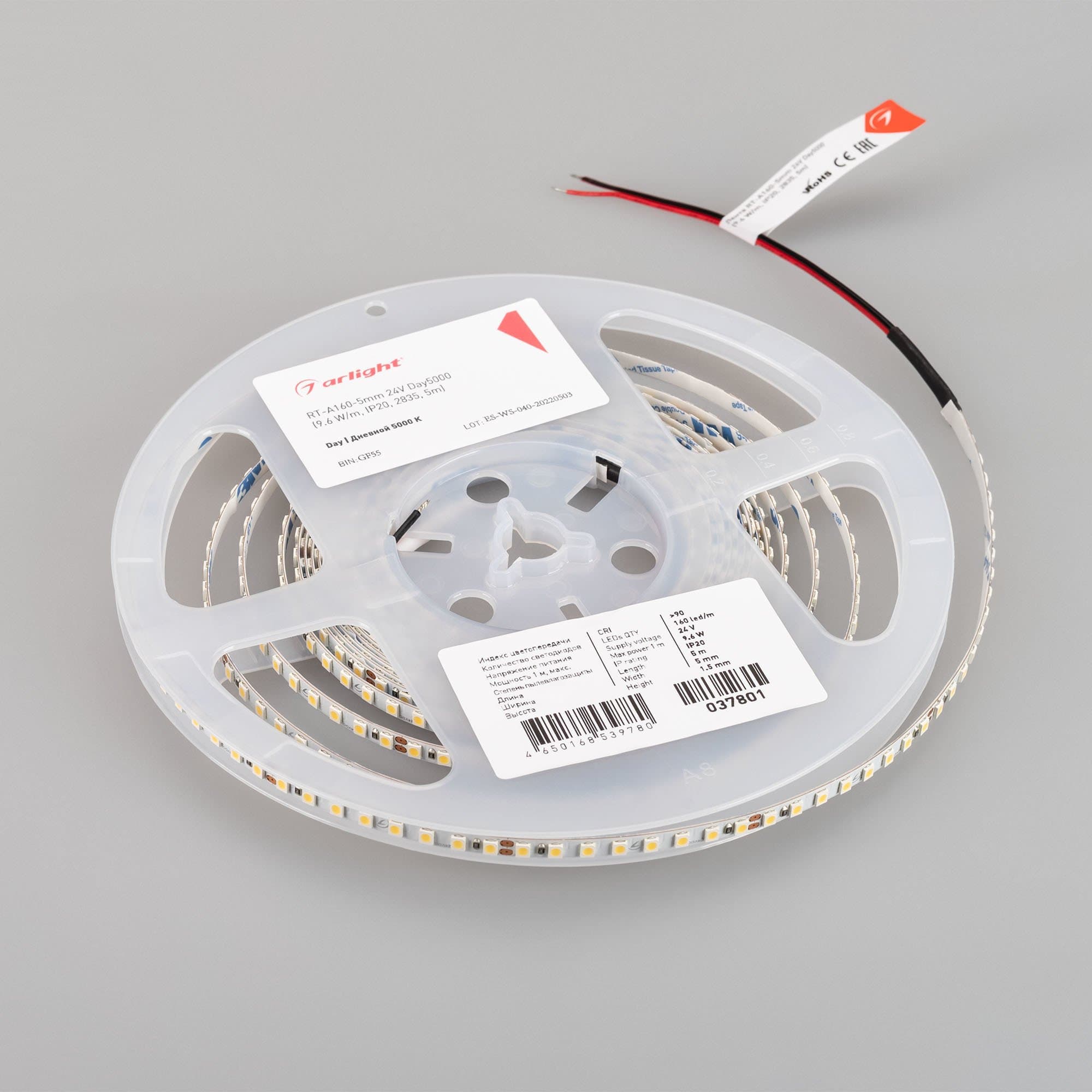 Arlight Лента RT-A160-5mm 24V Day5000 (9.6 W/m, IP20, 2835, 5m) (Открытый) 037801 — миниатюра 4