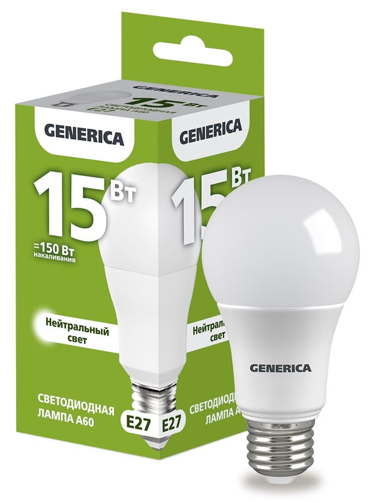 IEK GENERICA Лампа LED A60 груша 15Вт 230В 4000К E27 LL-A60-15-230-40-E27-G