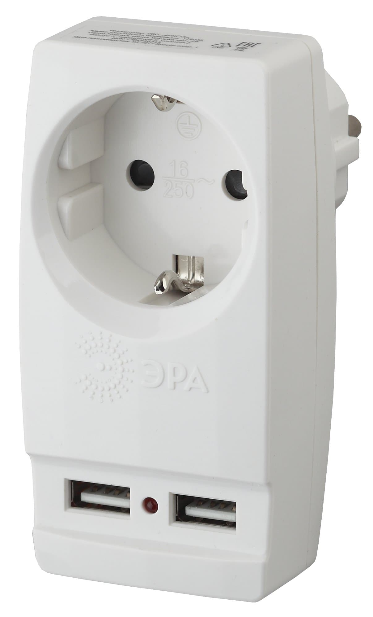 ЭРА SP-1e-USB-W Белый Адаптер "Polynom" 1гн 220V + 2xUSB 2100mA, c заземлением