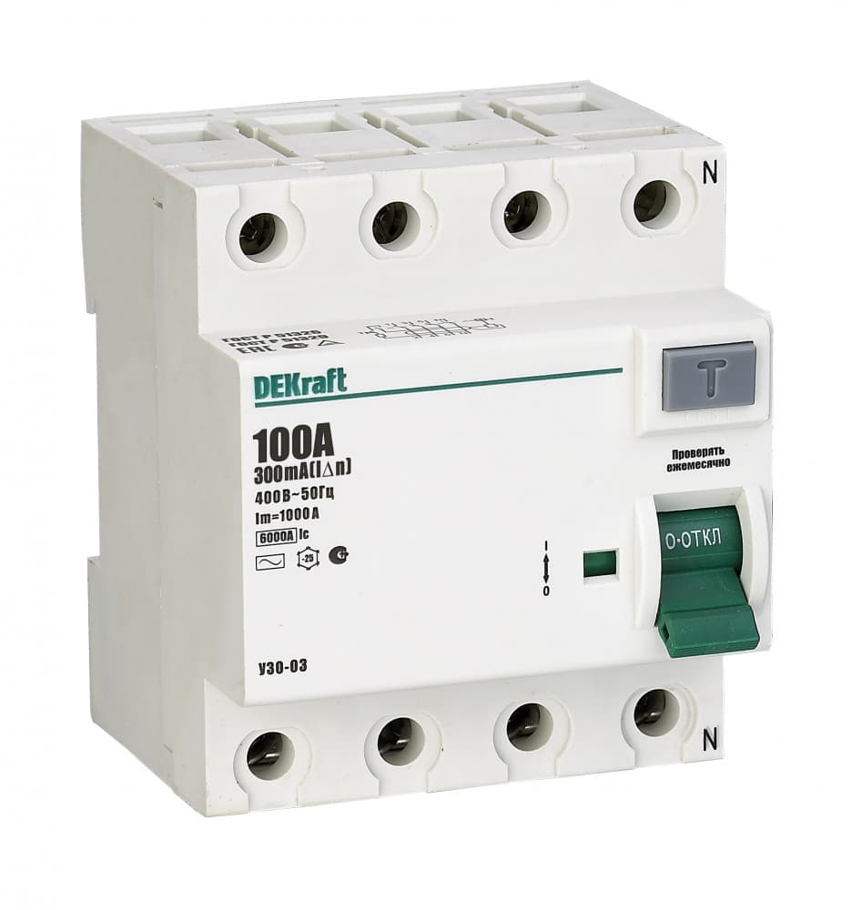 Dekraft ВДТ 4P 100A 300мА тип AC УЗО-03 6кА