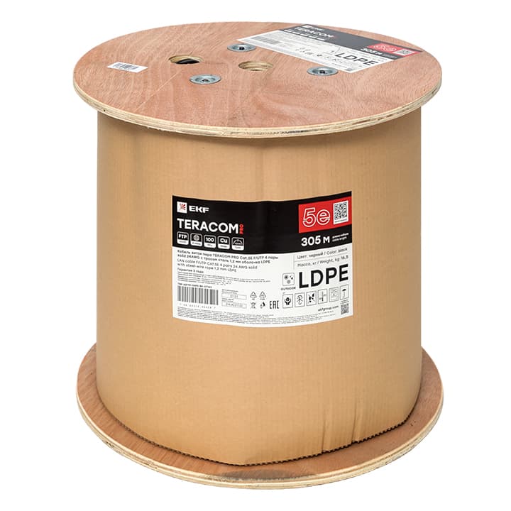 EKF Кабель витая пара TERACOM PRO Cat.5E F/UTP 4 пары solid 24AWG с тросом сталь 1,2 мм оболочка LDPE цвет черный (катушка 305м) — миниатюра 3
