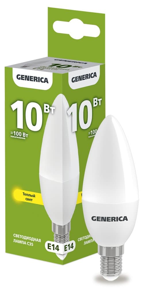 IEK GENERICA Лампа LED C35 свеча 10Вт 230В 3000К E14 LL-C35-10-230-30-E14-G