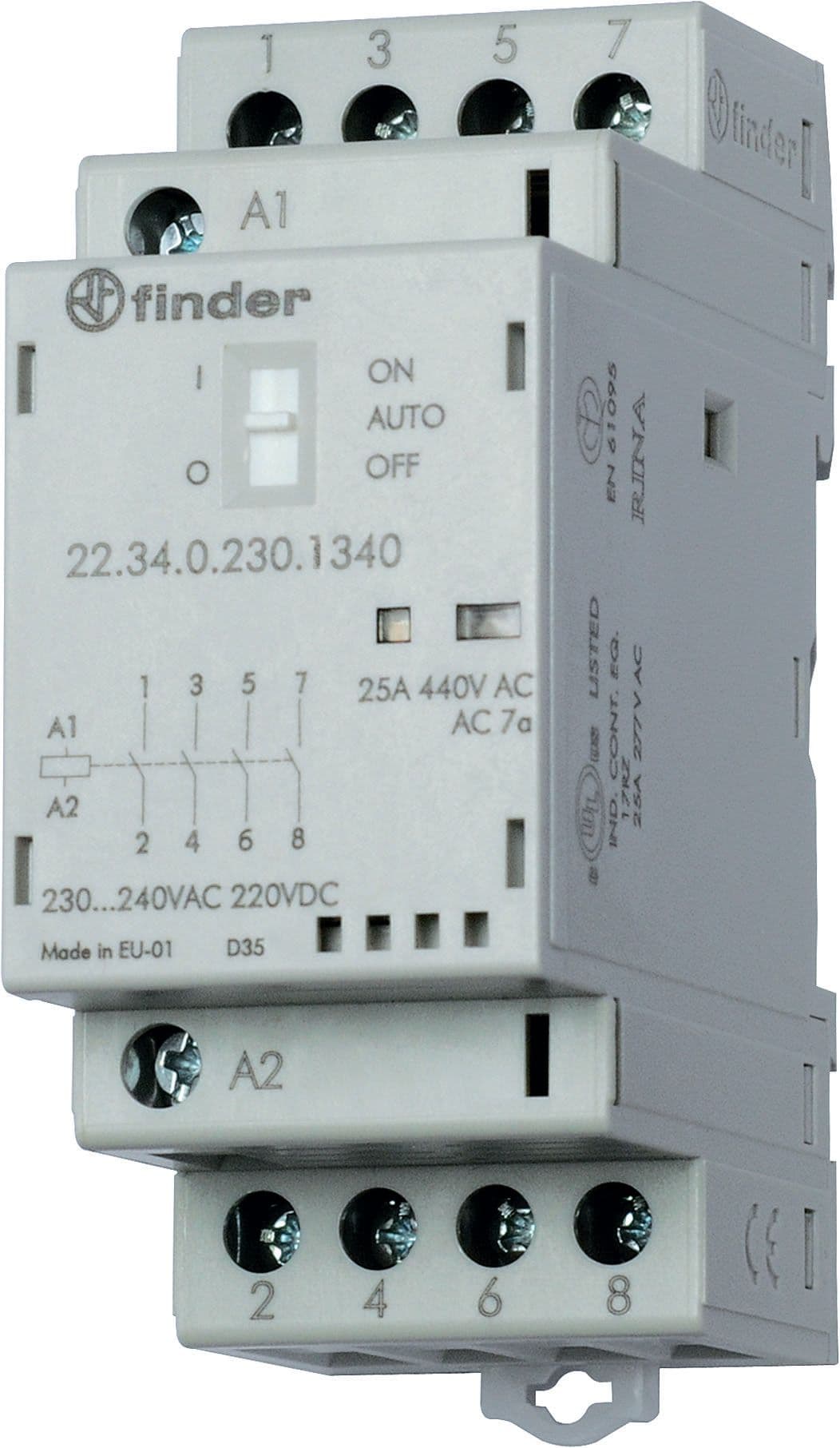 Finder Модульный контактор; 4NO 25А; контакты AgNi; катушка 48В АС/DC; ширина 35мм; степень защиты IP20; опции: переключатель Авто-Вкл-Выкл + мех.инди 223400481340PAS