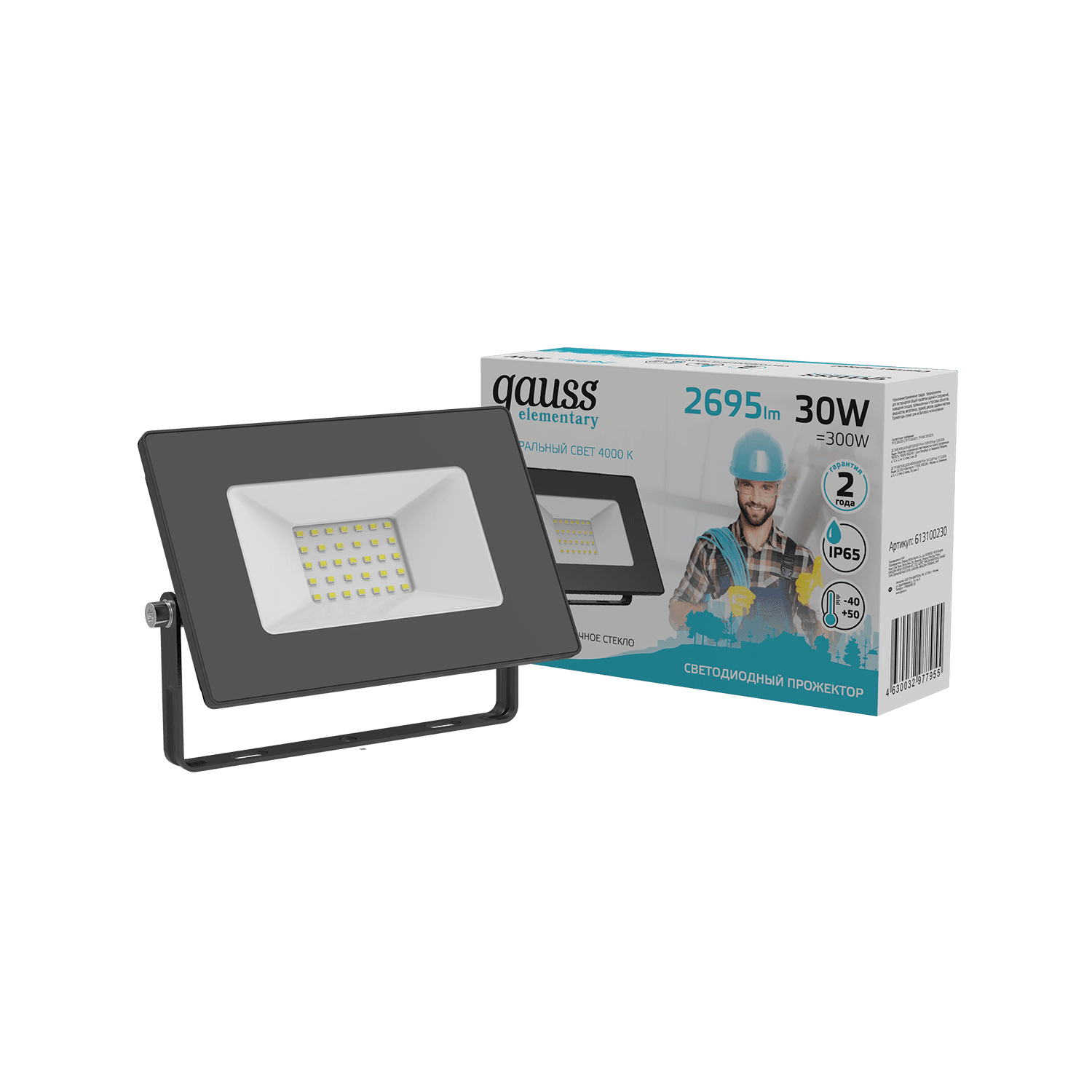Gauss Прожектор Elementary 30W 2695lm 4000К 200-240V IP65 черный LED 613100230 — миниатюра 4
