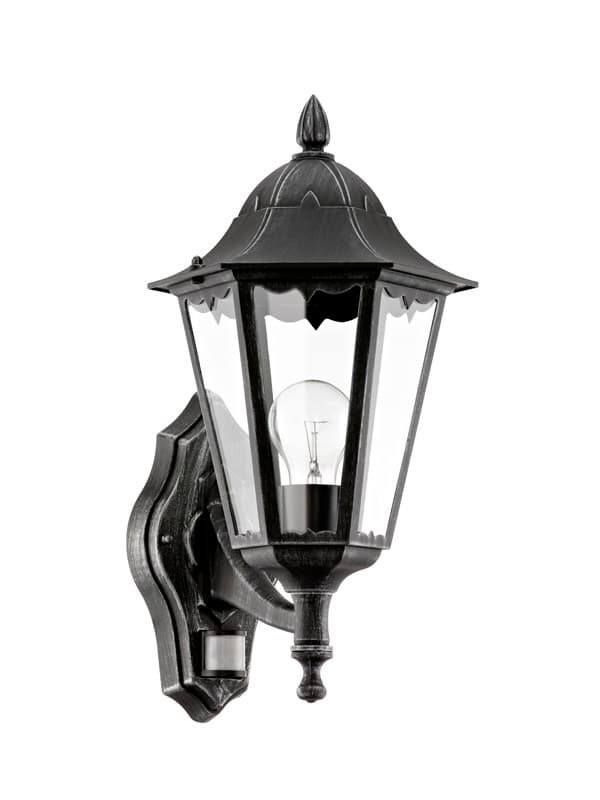 Eglo Светильник уличный настенный NAVEDO с датч. движения, 1х60W (E27), H425, литой алюм., черный, серебр. патина/cтекло 93458