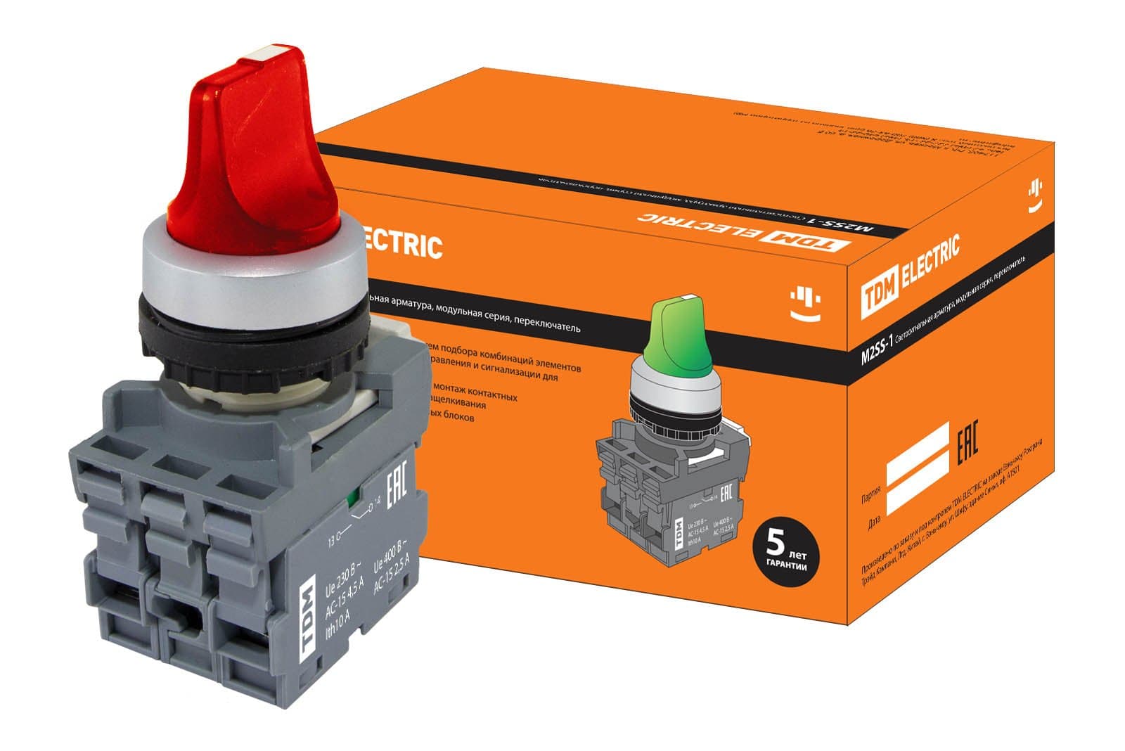TDM Переключатель на 2 положения с фиксацией M2SS1-21R короткая ручка(LED) d22мм/220B 1з+1р красный SQ0747-0070