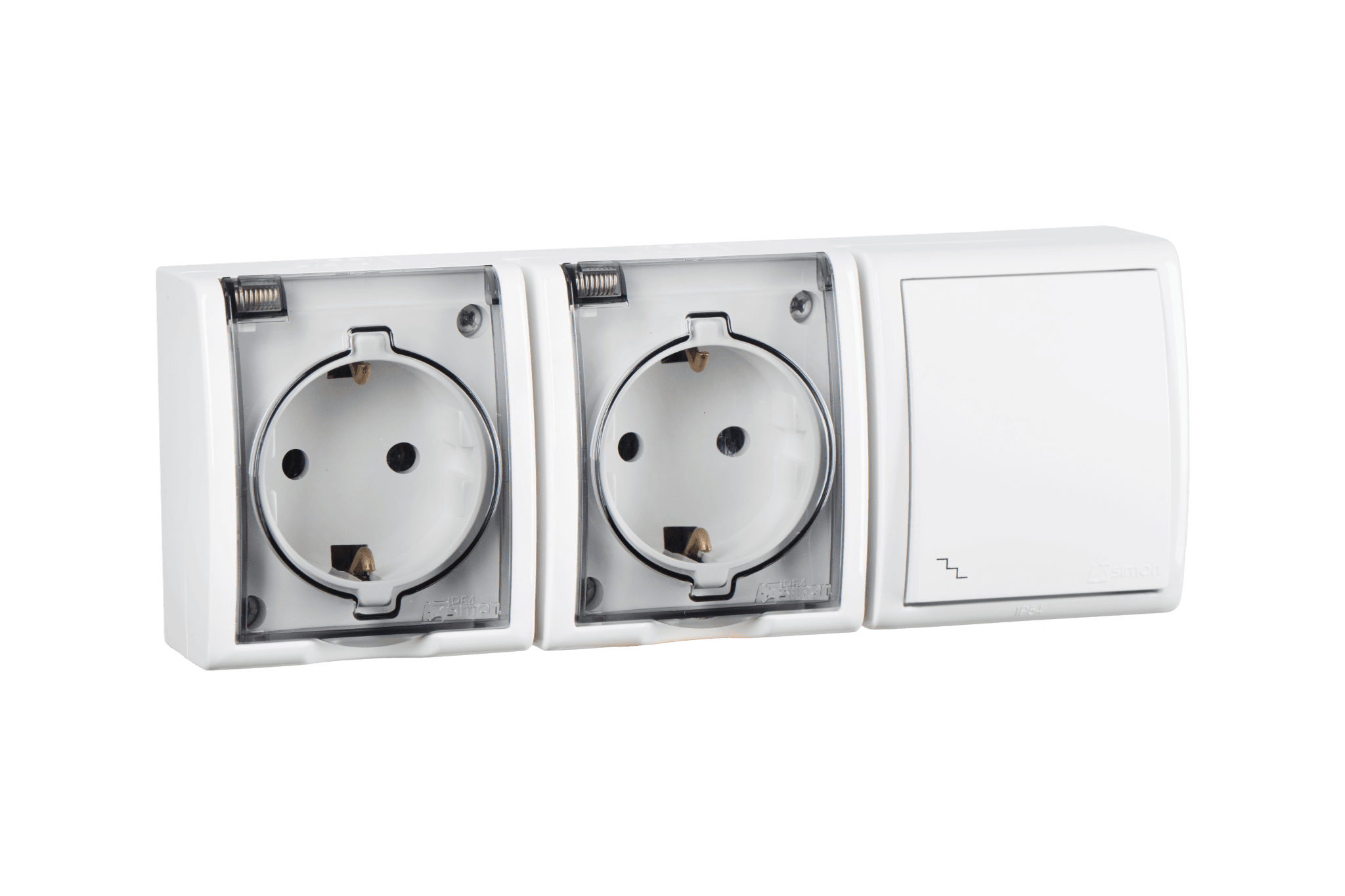 Simon 15 Aqua Белый Блок: Розетка 2-ая, 2P+E Schuko 16А 250В + выключатель проходной 10А 250В, IP54 1594526-030 — миниатюра 2