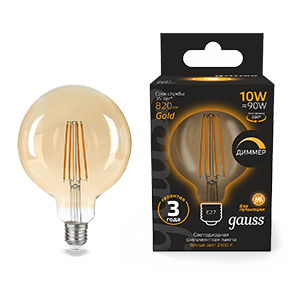 Gauss Лампа Filament G125 10W 820lm 2400К Е27 golden диммируемая LED 1/20 158802010-D