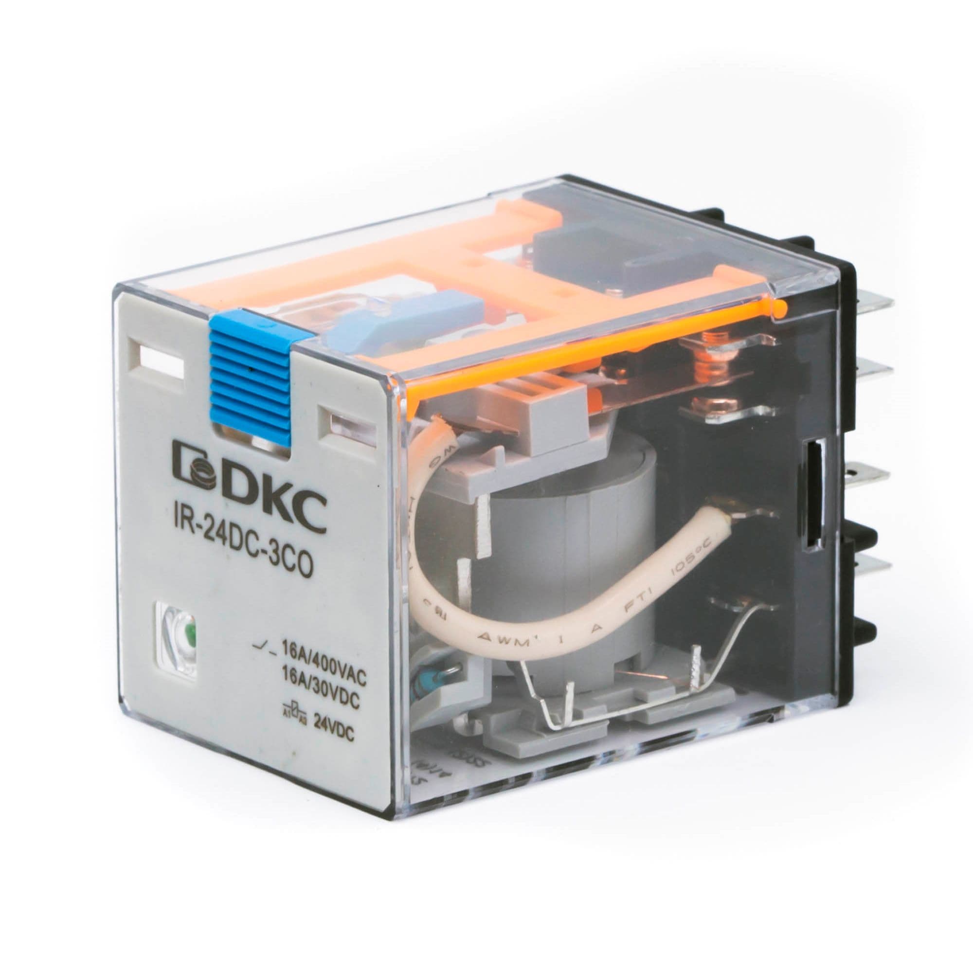 DKC Реле миниатюрное силовое, 3CO, ком. ток 16А, AgSnO₂, напряжение 230V AC,опция: тест-кнопка+светодиод