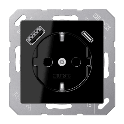 JUNG Розетка SCHUKO® с USB-зарядным устройством, тип A + тип С термопласт черный A1520-15CASW