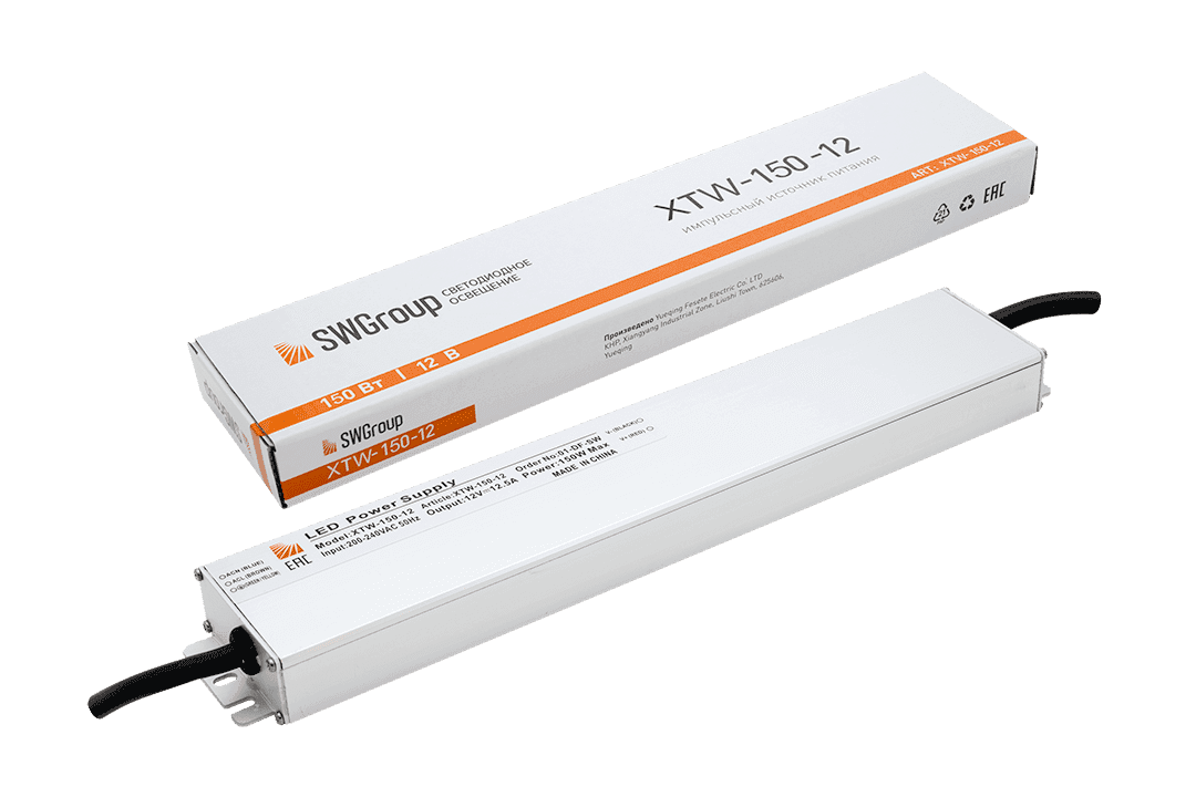 SWG Ультратонкий блок питания в металлическом корпусе, IP67, 150W, 12V XTW-150-12
