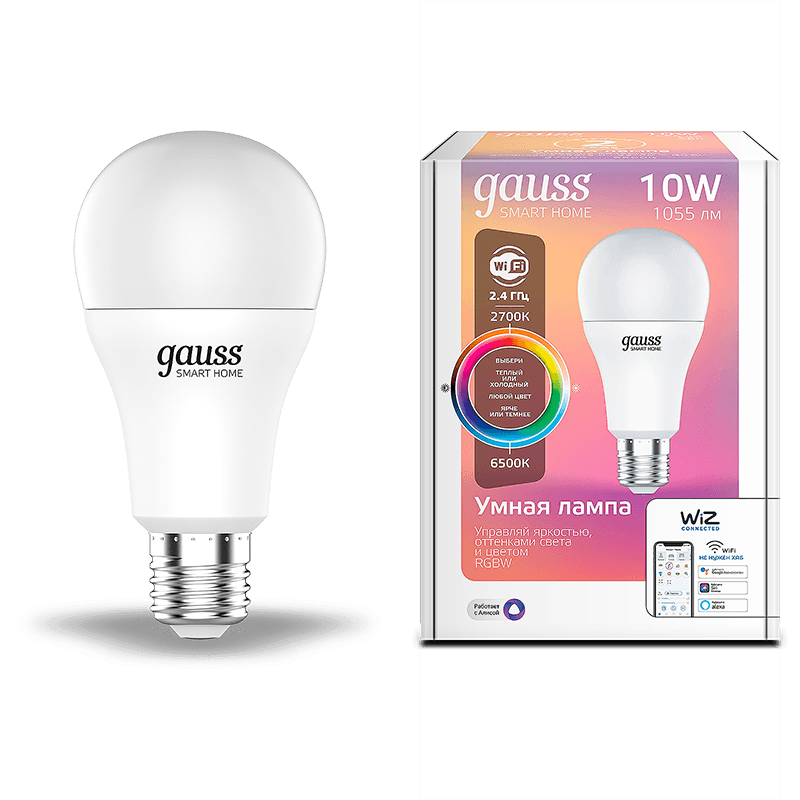 Gauss Лампа Smart Home A60 10W 1055lm 2700-6500К E27 RGBW+изм.цвет.темп.+диммирование LED 1180112