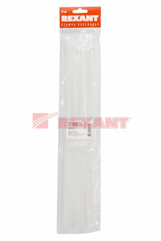 Хомут nylon 400 x 4,8 мм 25шт белый Rexant 07-0400-25 — миниатюра 2