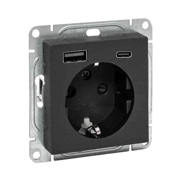 EKF Механизм розетки с USB-A+С - 2шт, 16А, с заземлением, со шторками, чёрный Эпика — миниатюра 1