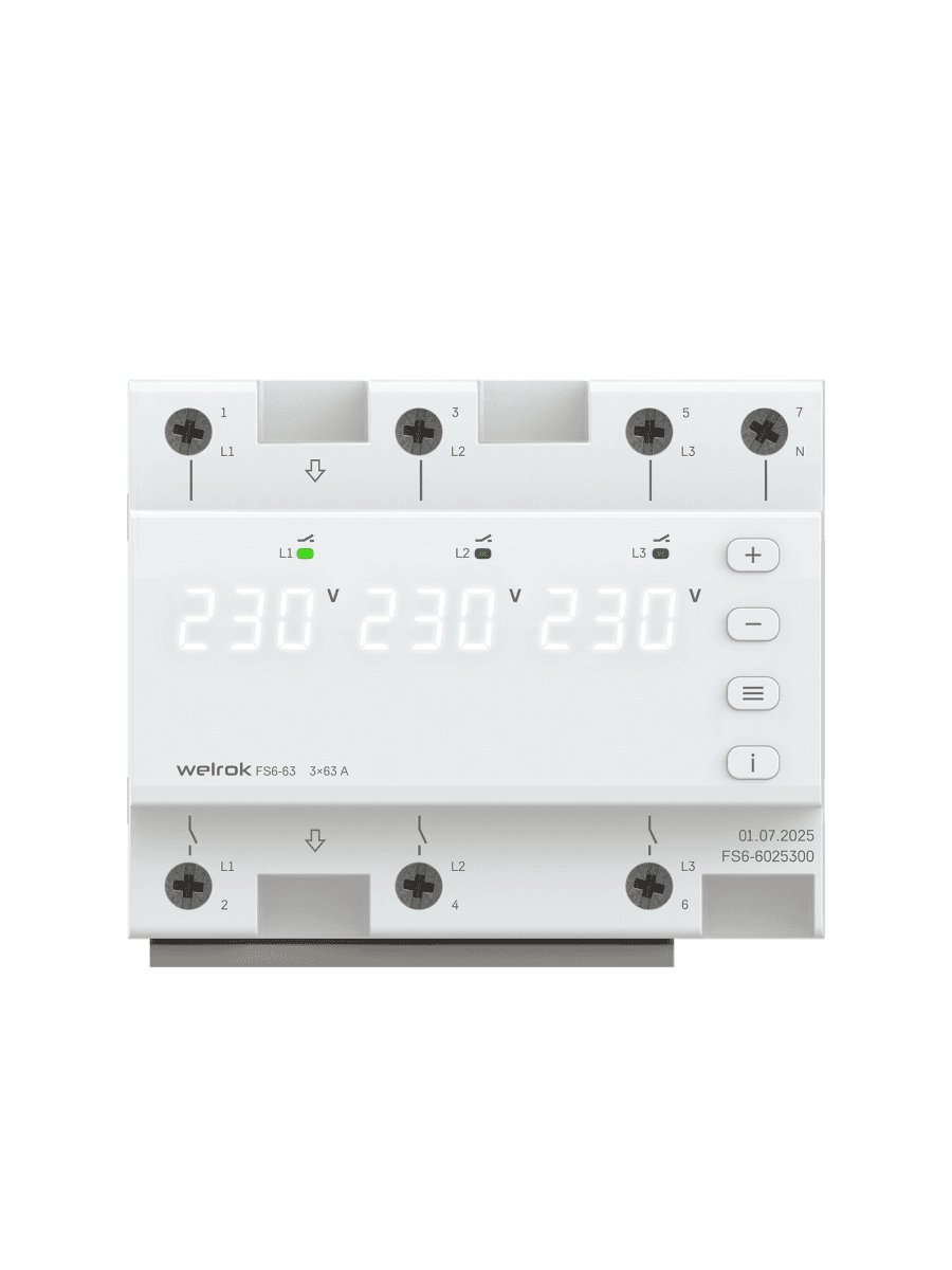 Welrok FS6-63 Реле напряжения 3 х 63 А (max 3 х 80 A) 3 х 14 490 ВА — миниатюра 1