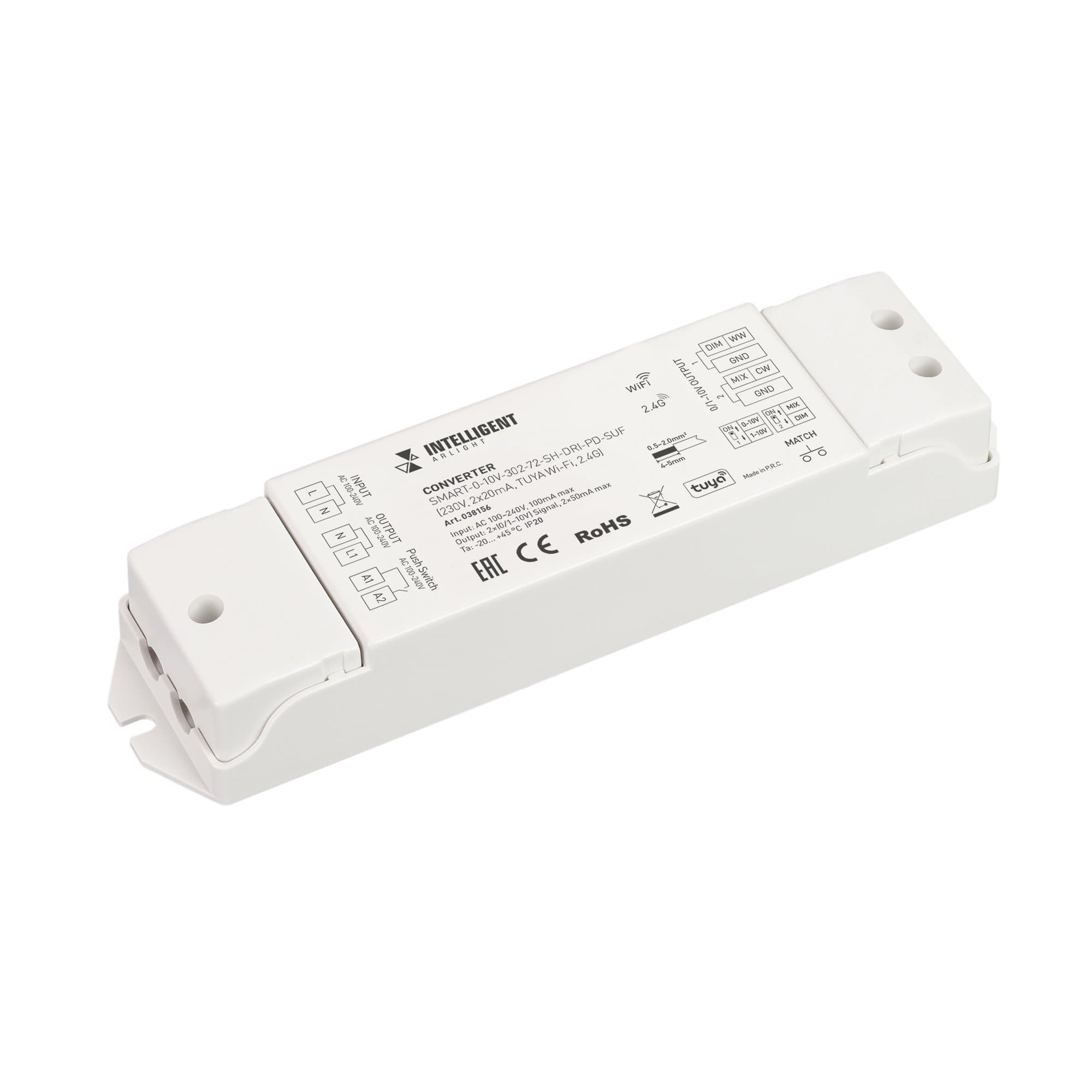 Arlight INTELLIGENT ARLIGHT Конвертер SMART-0-10V-302-72-SH-DRI-PD-SUF (230V, 2x20mA, TUYA Wi-Fi, 2.4G) (IARL, IP20 Пластик, 5 лет) 038156