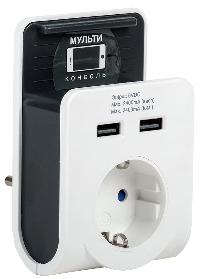 IEK Адаптер Т-02/01 1 место 2P+PE 16А 2хUSB 2,4А белый