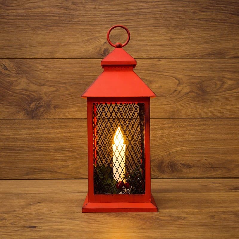 NEON-NIGHT Декоративный фонарь со свечкой, красный корпус, размер 13.5х13.5х30,5 см, цвет ТЕПЛЫЙ БЕЛЫЙ 513-041