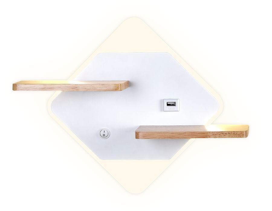 Ambrella Настенный светодиодный светильник с выключателем, USB и полкой FW100 WH/WD белое/дерево LED 3000K/4200K/6400K 12W 340*250*105 — миниатюра 2