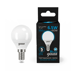 Gauss Лампа Шар 6.5W 550lm 6500K E14 LED 1/10/100 105101307